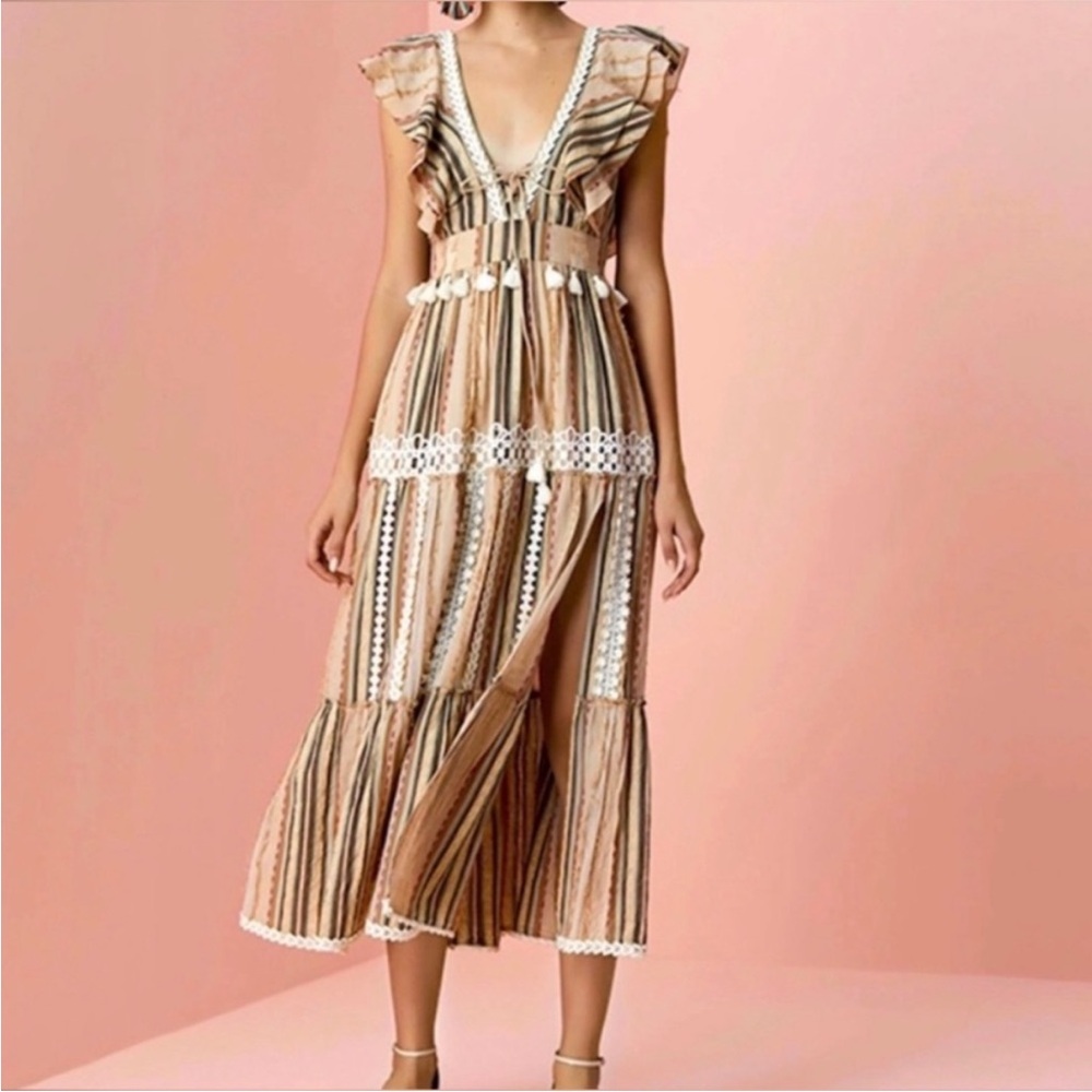 Hemant & Nadita Striped Brown and Cream Dress size large